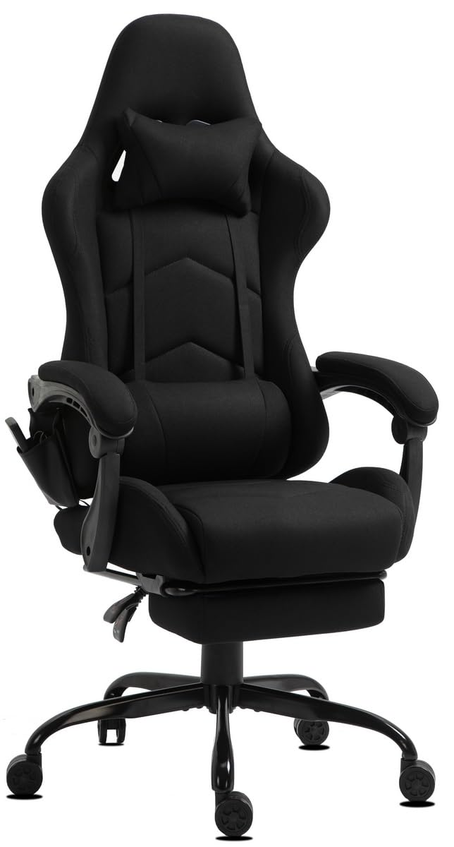 Delman Gaming Chaise Racing Chaise de Bureau Chaise d'ordinateur Fonction Massage avec 6 Points de Vibration Fauteuil de Direction Tissu Repose-Pieds Ergonomique 1036 (Black)