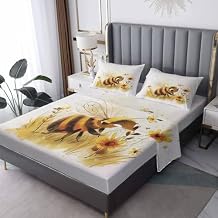 Bee Sheets Queen Size, Floral Honey Bee Pattern Sheet Set, Soft Microfiber Wrinkle Free Bedding Sheets & Pillowcases 4 Piece, Bedroom Decor Bed Sheets with 16 Inch Deep Pocket
