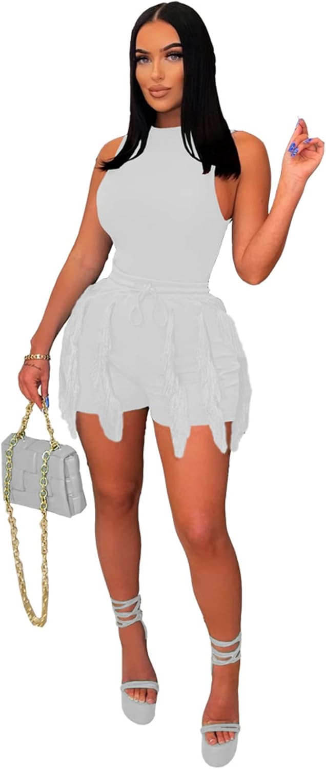 Elainone 2 Piece Outfits for Women Summer Shorts Sets Bodycon Sleeveless Tops High Waist Drawstring Shorts with Tassel