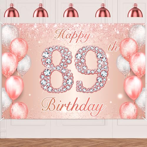 Image of Happy 89th Birthday Rose Gold Banner Cheers to 89 Years Old Backdrop Confetti Balloons Theme Decor for Women 89 Years Old Pink Birthday Party Decorations Bday Supplies Background Favors Gift Glitter