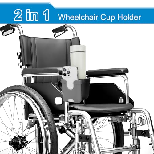 Image of Accmor 2-in-1 Wheelchair Cup Holder, Walker Cup Holder with Phone Holder, Universal Drinks Holder for Stroller, Rollator, Scooter, Walker, Wheelchair Accessory