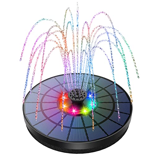 AMZtime Bunte LED 5,5W Outdoor Solar Springbrunnen für Außen, Solarpanel Durchmesser 21cm mit Akku, Outdoor Solarbrunnen für Draussen mit 7 Effekten Sprühmethoden, Solar Teichpumpe für Vogel Teich