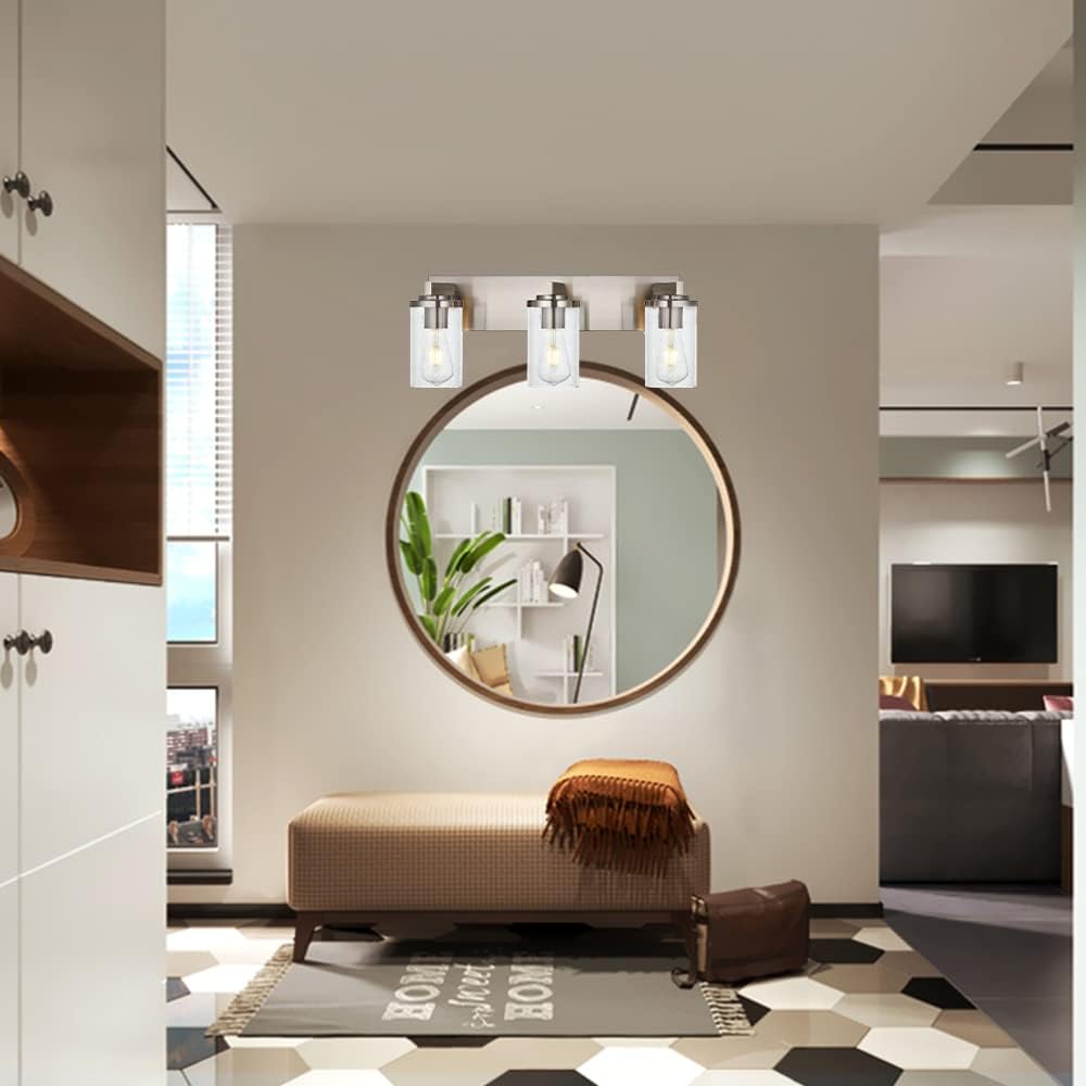 BONLICHT Brushed Nickel Vanity Light 3 Lights Modern Bathroom Light Fixtures Over Mirror with Seeded Glass, Industrial Metal Indoor sconces Wall Lighting for Powder Room Hallway Kitchen Sink Cabinet