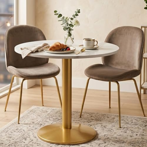 Image of 30 Inch Round Dining Table, Modern Tulip Bistro Table with White Faux Marble Top and Weighted Gold Pedestal Base, Small Kitchen Table for 2-4 People, Mid Century Style for Dining Room, Cafe, Office