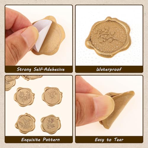 60Pcs Wax Seal Stickers, Wedding Invitation Envelope Seal Stickers Adhesive Backed Light Gold for Wedding, Party,Valentine\'s Day,Mother\'s Day, Gift Wrapping (4 Leaf Styles) - Thumbnail 3