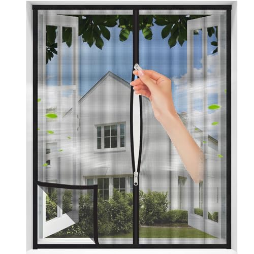 MAGICDOOR Moskitiera okienna 155 x 140 cm, czarna siatka, wzmocniona, odporna na zarysowania, zasłona siatkowa dla kotów, przeciw owadom, z dwukierunkowym zamkiem błyskawicznym, taśma haczykowa 2 cm