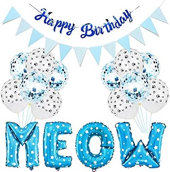 Cat Paw Print Balloons, Meow Letter Balloons & Happy Birthday Banner for Pet Party Supplies