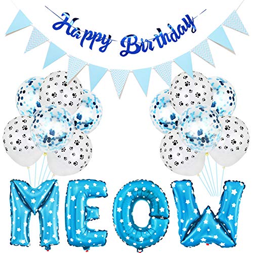 Esweny Cat Paw Print Balloons, Meow Letter Balloons & Happy Birthday Banner for Pet Party Supplies