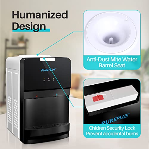 Pureplus Water Cooler Top Loading Countertop Water Cooler Dispenser, Hot & Cold Water, Child Safety Lock, Holds 3 Or 5 Gallon Bottles, Compression Refrigeration Technology, Black #TOP4