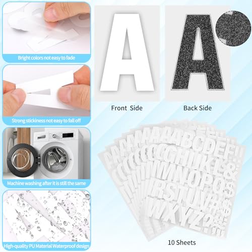 Image of 10 Sheets 440 Pieces Iron on Letters for Clothing, 2 Inch Heat Transfer Letters, White Iron on Vinyl Letters with A-Z PU Alphabets Sticker for Fabric, Jersey T-Shirt Printing DIY Craft