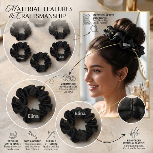 Image of Elina Luxury Satin Scrunchies Set Anti-Hair-Breakage, Silk Hair Ties Set For Girls, Women Elastic Rubber, Best Gift For Mom, Sister, Friends (Pack of 6)(Black color Scrunchies)