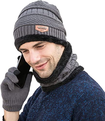 Conjunto de 2 peças de gorro touca masculino de inverno, gorro quente com gorro e cachecol (CINZA)