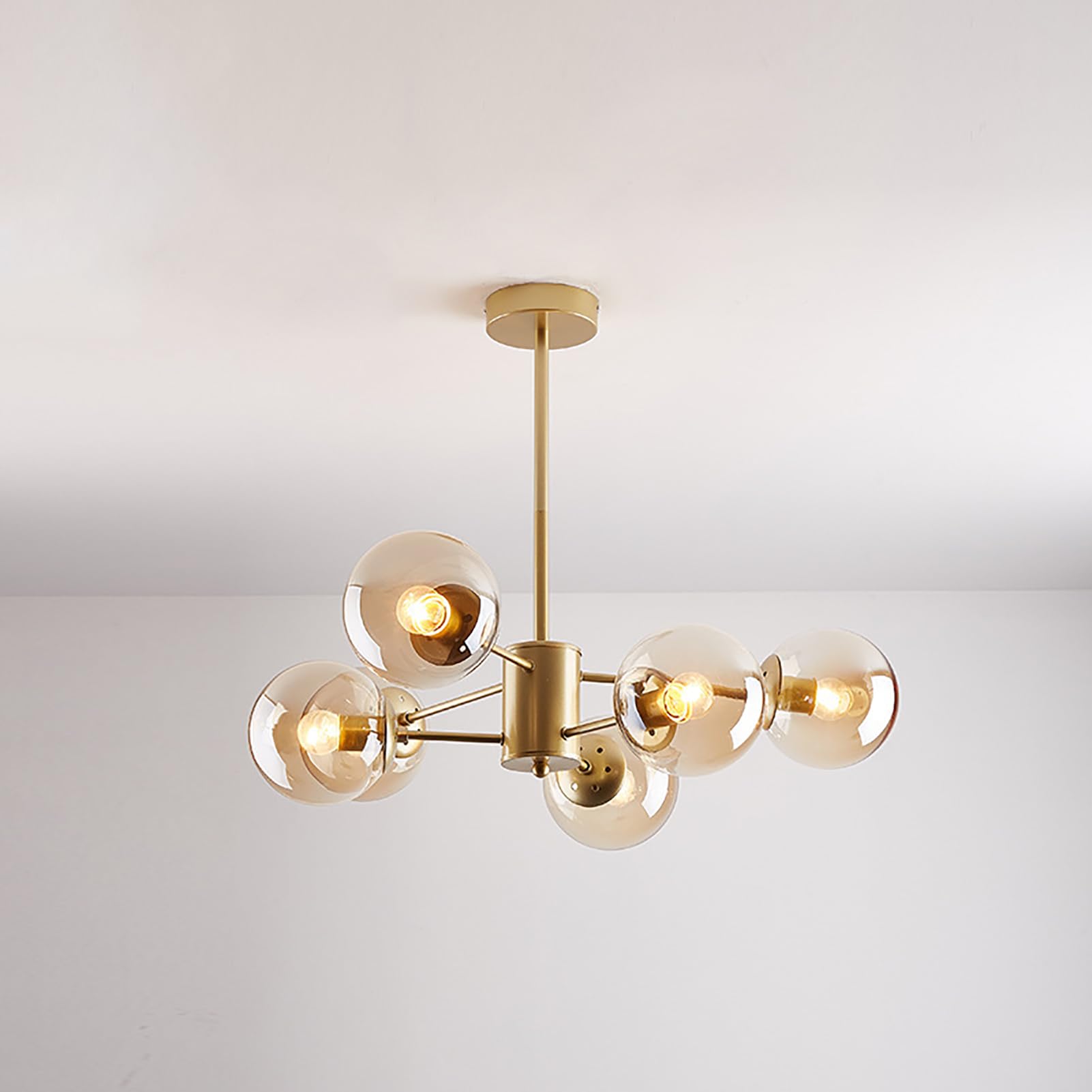 ksxnkhk Mid Century Modern Chandelier, Glass Linear Pendant Light Dimmable Light Fixture, Decorative Globe Ceiling Light for Dining Room, Bedroom, Kitchen, Easy Installation(6 Heads, Gold + Brown)