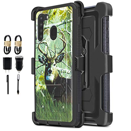 6-goodeals for Samsung Galaxy A21 (SM-A215) Holster Cover Built in Screen Protector Hybrid Heavy Duty Phone Case Cover with Kickstand Shockproof w/Belt Clip (Accessories Pack) (Deer)