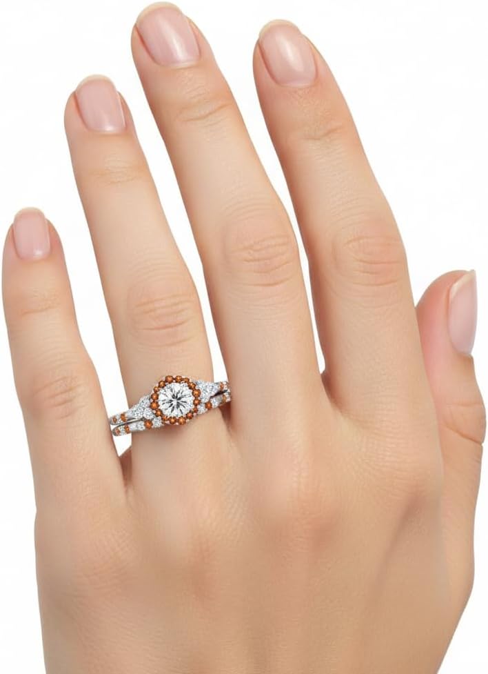 Choose Your Gemstone Halo Edwardian Wedding Ring and Band Sterling Silver Round Shape Wedding Ring Sets Everyday Jewelry Wedding Jewelry Handmade Gifts for Wife US Size 4 to 12