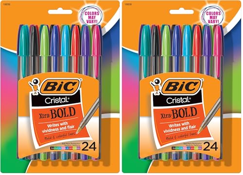 Image of BIC Cristal Xtra Bold Ballpoint Pens,Bold Point (1.6mm) For Vivid And Dramatic Lines,Assorted Colors,Perfect Ink Pens,24 Count (Pack of 2)