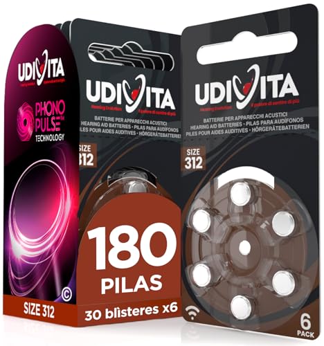 180 Pilas para Audífonos Udivita tamaño 312 Tipo Zinc Aire sin Mercurio con Tecnología Phono Pulse   30 Blísteres de 6 Pilas