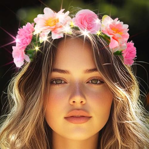 DRESBE ライトアップ フラワー ヘッドバンド LED フローラル ガーランド クラウン ヘッドバンド 光るパーティー リース ヘアアクセサリー 女性用 (ピンク、フリーサイズ)