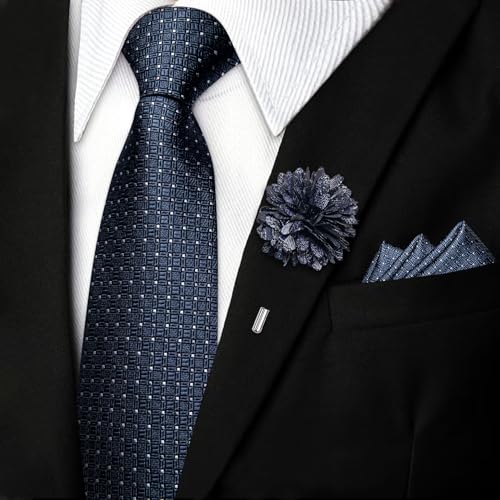 Image of DiBanGu Mens Zipper Tie Silk Pre-Tied Necktie with Gift Box | Jacquard Woven,Paisley Solid Plaid Pattern,6PCS with Pocket Square,Cufflinks and Lapel Pin,for Wedding Party Formal Business