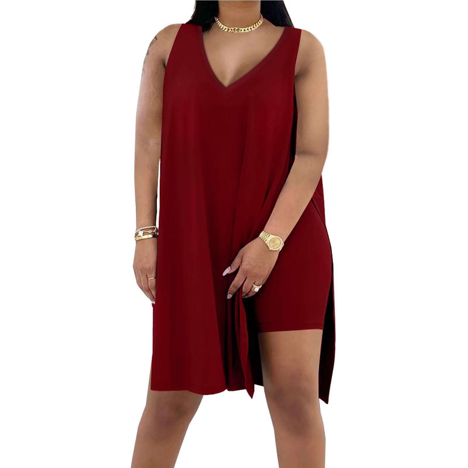 Difanlv Plus Size Women 2 Piece Outfits, Sleeveless Tunic Tops Bodycon Biker Shorts Set, Summer Casual Oversized Tracksuit