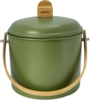 PEBBLY – Cubo de Compost para Interior de Acero y asa de bambú – 3,5 litros – Ø 19 x 21,5 cm – Filtro antiolor de carbón Incluido, Cubo Elegante, Duradero, Ligero y Resistente, sin Riesgo de Fuga
