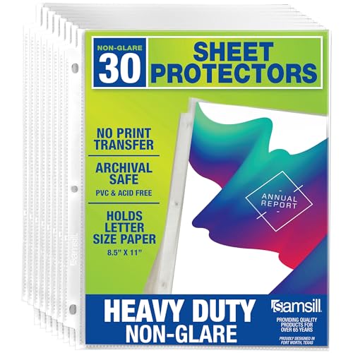 Image of Samsill 30 Pack Heavy Duty Sheet Protectors, Non-Glare, 8.5x11 Inch Page Protectors for 3 Ring Binder, Letter Size Protectors, Reinforced Holes, Non-Glare Document Sleeve, Top Loading, Acid Free