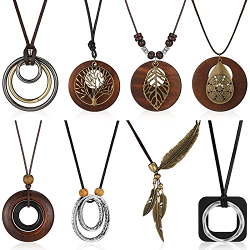 8 Pcs Boho Long Necklaces for Women Vintage Wooden Necklaces Handmade Hippie Faux Leather Cord Sweater Jewelry