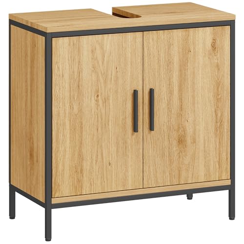 HOMCOM Waschbeckenunterschrank, Unterschrank mit 2 Türen, einstellbarem Regal, 60x30x60 cm Badezimmerschrank mit Stahlrahmen, für Waschbecken ohne Sockel, Eiche HOMCOM Waschbeckenunterschrank, Unterschrank mit 2 Türen, einstellbarem Regal, 60x30x60 cm Badezimmerschrank mit Stahlrahmen, für Waschbecken ohne Sockel, Eiche