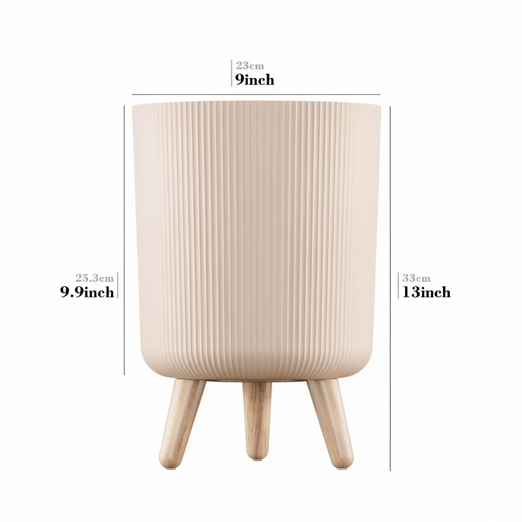Modern Flower Pots with Wooden Legs - Beige Set of 2 -8