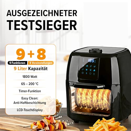 GOURMETmaxx Digitale Heißluftfritteuse XXL - 9L Ofen | Airfryer mit Timerfunktion, Touchdisplay, Drehspieß, Schaschlikspießen | fettarm, energiesparend frittieren | 8 Programme, 1800 W – Bild 3