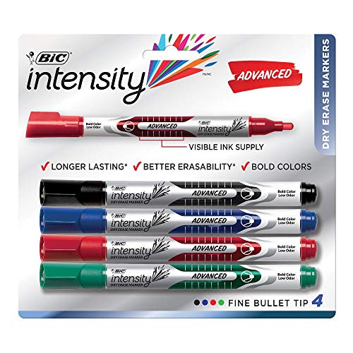 BIC Intensity Advanced Dry Erase Low Odor Marker, Fine Bullet Tip, Assorted Colors, Set of 4