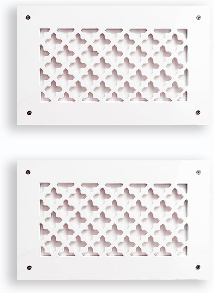 Worth Home Products - 8"x4" Solid Wood Paintable Decorative Pattern AC Vent Cover for Wall, Ceiling, Registers, Door Panels. Primed White HVAC Return Air Grills (2-Pack)