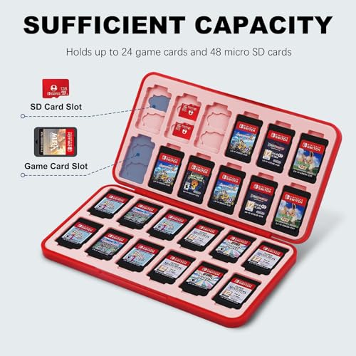 Image of FYY Nintendo Switch Game Case Holder for Switch 2 Cartridge Case with 24 Game Card Slots & 48 Micro SD Card Slots, Hard Shell, Silicone Lining Heart Pattern Red