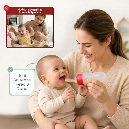 Image of R for Rabbit First Feed Food Feeder for Kids, 90ml Capacity, Premium Soft Silicone Spoon Food Grade BPA Free Material for Kids of 12+ Months (Red)