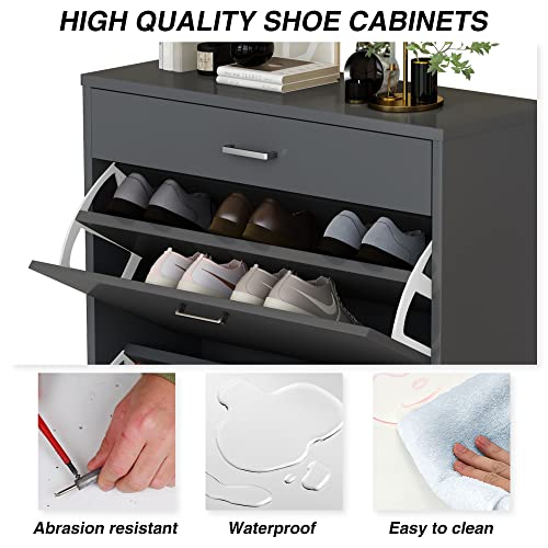 Lamerge Shoe Cabinet For Entryway, Modern Freestanding Shoes Storage Cabinet With 2 Flip Drawers & 1 Slide Drawer, Open Shelf, Narrow Slim Shoe Rack Organizer For Entryway, Hallway - Grey #TOP6