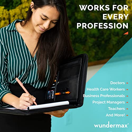 Wundermax Portfolio Binder - 13 x 10.5 x 1.8 Inch, Vegan Leather, 3-Ring Padfolio for Women and Men w/Zipper, Detachable Binder, Notepad and Pockets for Tablet, Resume and Documents - Brown