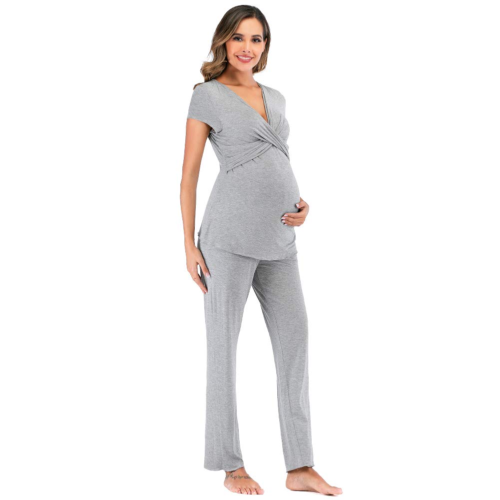 rismart Conjunto de Pijama de Maternidad Camisetas de Manga Corta y Pantalones Largos Premamá Lactancia Camison