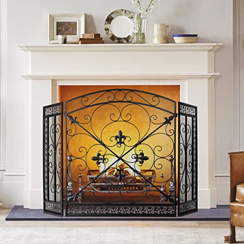 BEAMNOVA 52.4 x 30.7 in Black Fireplace Screen, Heraldic Lily,