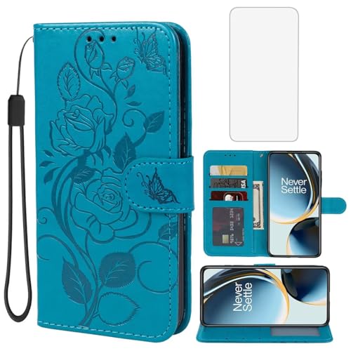 Vavies Case for OnePlus Nord N30 Case, OnePlus Nord CE 3 Lite 5G Wallet Case with Tempered Glass Screen Protector, Flower Leather Flip Credit Card Holder Stand Phone Cover for OnePlus Nord N30 5G Blue
