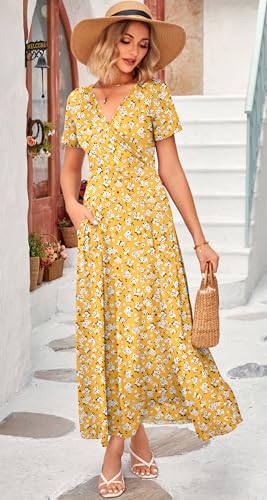 Image of WNEEDU Women's Summer Maxi Dress Short Sleeves Wrap V Neck Long Dresses with Pockets