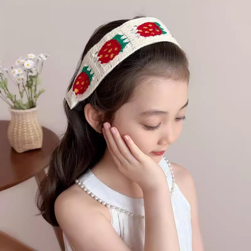1Pcs Strawberry Embroidered Knit Headband for Women,Adjustable Elastic Band Non-Slip Bangs Control & Flyaway Tamer Ethnic Stray Hair Grip Hair Accessories for Girls Yoga, Working Out, Gym, Running