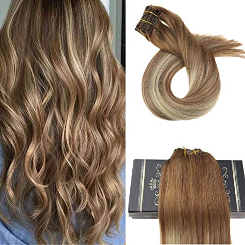 Ugeat Remy Human Hair Clip in Hair Extensions 18inch Balayage Color #6 Brown Fading with #24 Blonde Straight Clip in Extensions Full Head 120Gram