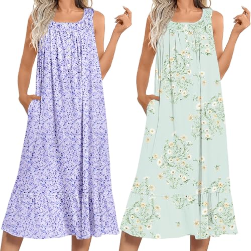 Image of Ekouaer 2 Pack Nightgowns for Women Sleeveless Long Night Gowns Victorian Nightdress with Pockets Soft Ladies Gown