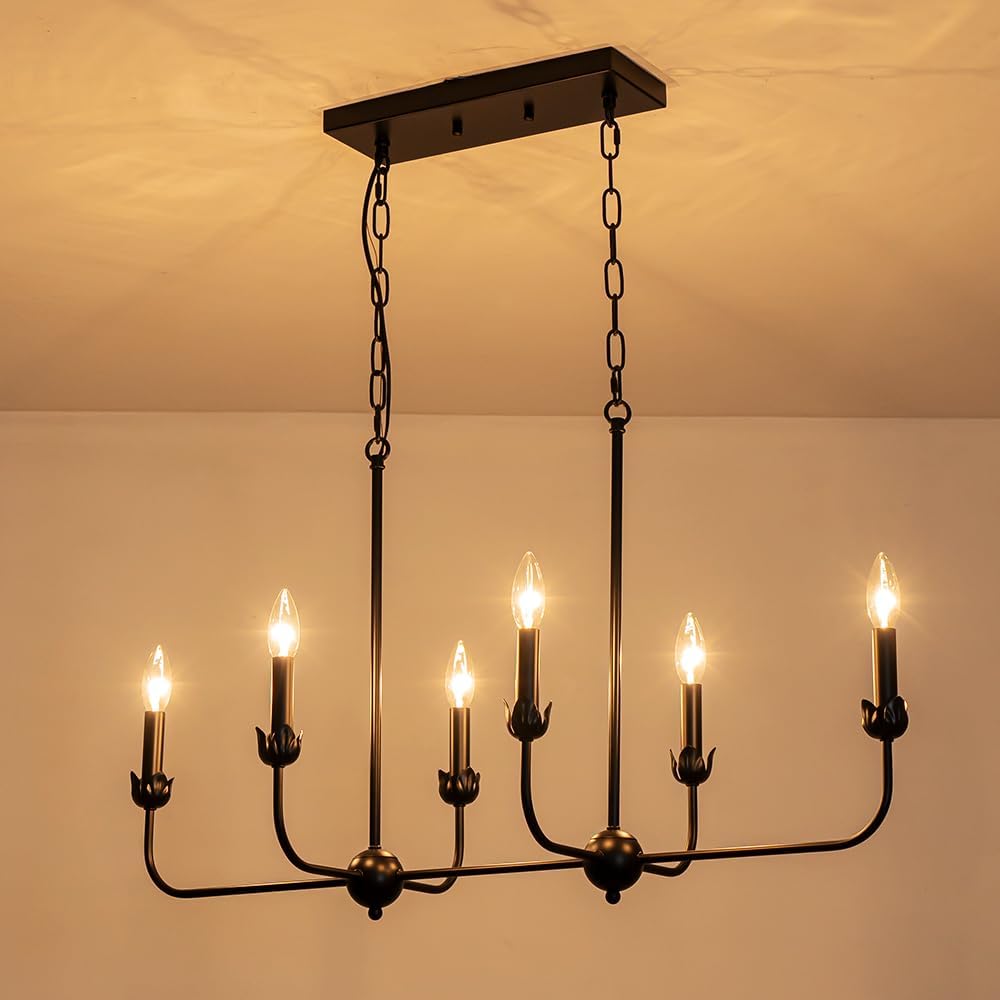 Modern Black 6-Light Linear Chandelier, E12 Base, Adjustable Chain Lighting Fixture for Kitchen Island, Dining Room, or Long Table