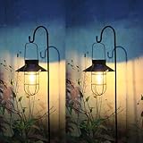 2 Pack Solar Lanterns ,Outdoor Waterproof Solar Lamp with Shepherd Hook, Metal Edison Bulb Lights Gifts for Gifts for Women/Mom Garden Outdoor Pathway Decor (Black)
