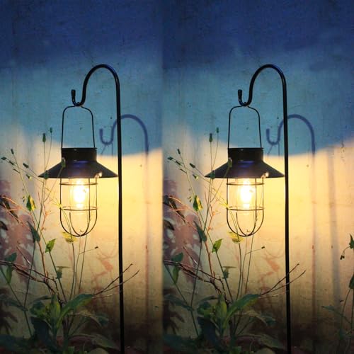 2 Pack Solar Lanterns ,Outdoor Waterproof Solar Lamp with Shepherd Hook, Metal Edison Bulb Lights Gifts for Gifts for Women/Mom Garden Outdoor Pathway Decor (Black)