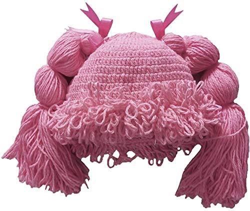 BIBITIME Crochet Knitted Pigtail Wig Beanie Handmade Women Girl's Braid Hat Bowknot Cap (Small, Pink)