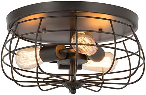 VONLUCE 15 Inch Industrial 3-Light Vintage Metal Cage Flush Mount Ceiling Light, Oil Rubbed Bronze Finish, Rustic Ceiling Lighting Fixture for Bedroom, Dining Room, Living Room, Farmhouse Lighting