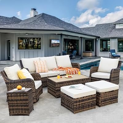 MEISSALIVVE 7 Pieces Patio Furniture Set with Swivel Chair, Outdoor Patio Conversation Set, Patio Sectional Furniture Set with 2 Swivel Rocker Patio Chair and Sofa, 2 Ottomans and Coffee Table (Brown)