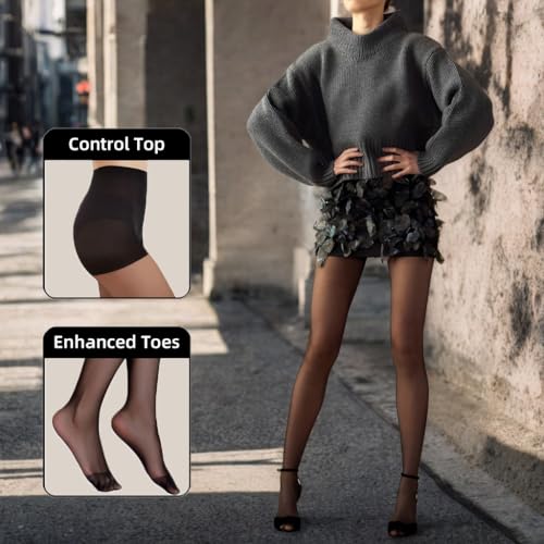 Citystl 3 Pairs Black Sheer Tights for Women - 20D Not Rip Control Top Pantyhose with Reinforced Toes - Resist Tears4